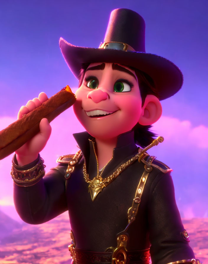 Animated character in black hat and jacket holding churro against purple sky