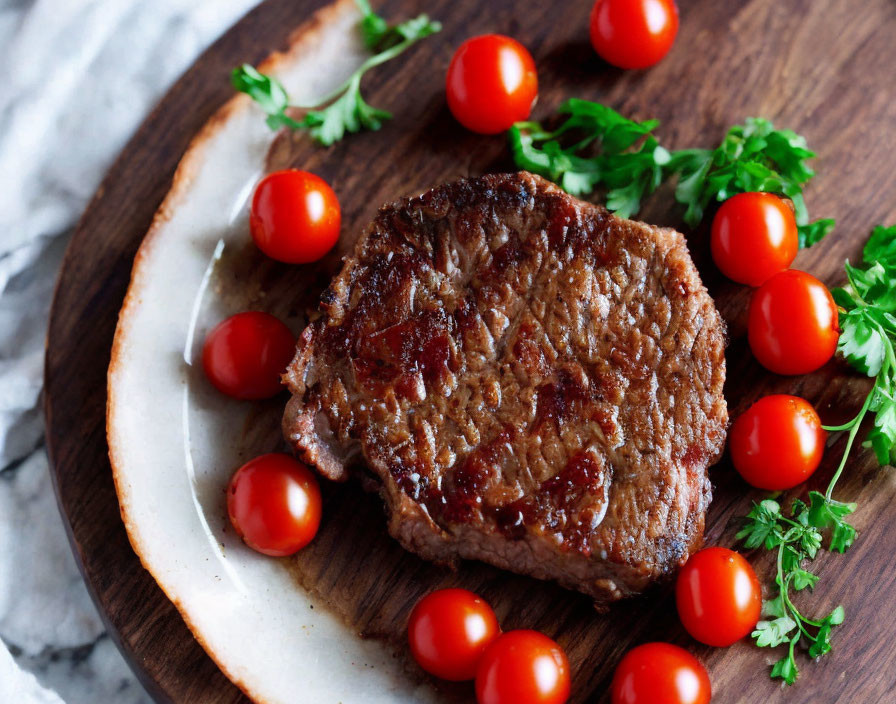 Juicy Grilled Steak with Cherry Tomatoes and Fresh Parsley on Wooden Board