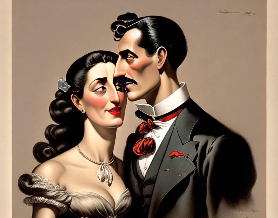 Vintage Style Illustration of Elegantly Dressed Couple Gazes at Each Other