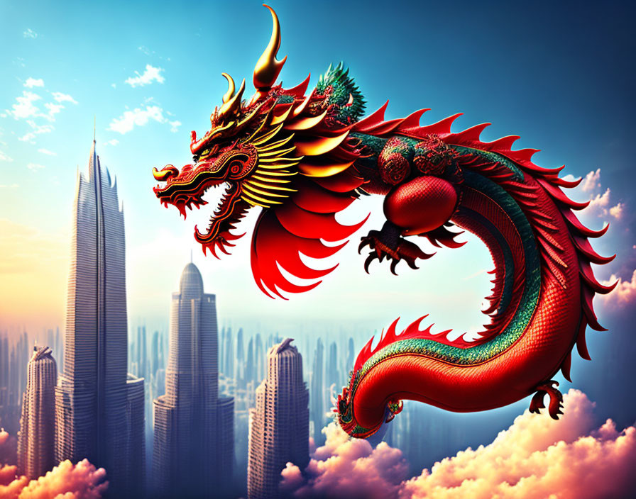 Colorful dragon flying over clouds and cityscape in futuristic setting