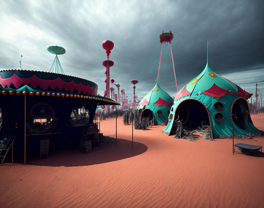 Surreal circus in desolate landscape with teal and pink tents