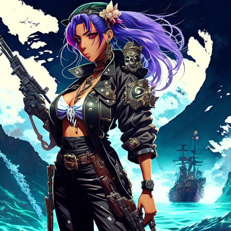 Purple-haired female pirate character with rifle in ocean background