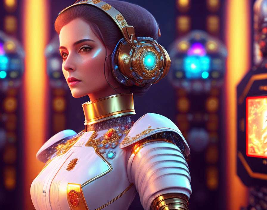 Futuristic woman in ornate golden headphones and metallic attire with neon lights background