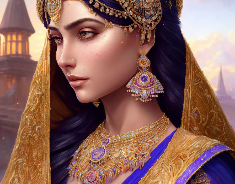 Illustrated portrait of woman with dark hair, gold jewelry, blue & gold attire, with castle backdrop