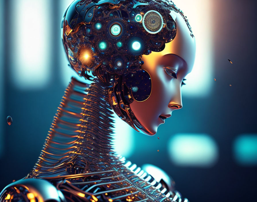 Futuristic robotic woman's head with intricate circuitry and glowing blue lights