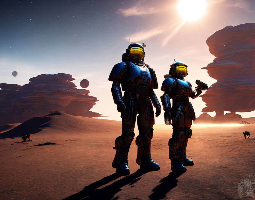 Two Astronauts in Blue and Orange Suits on Alien Planet with Rock Formations