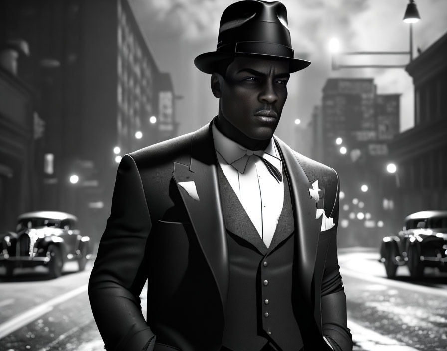 Confident man in suit and fedora in noir-style cityscape.