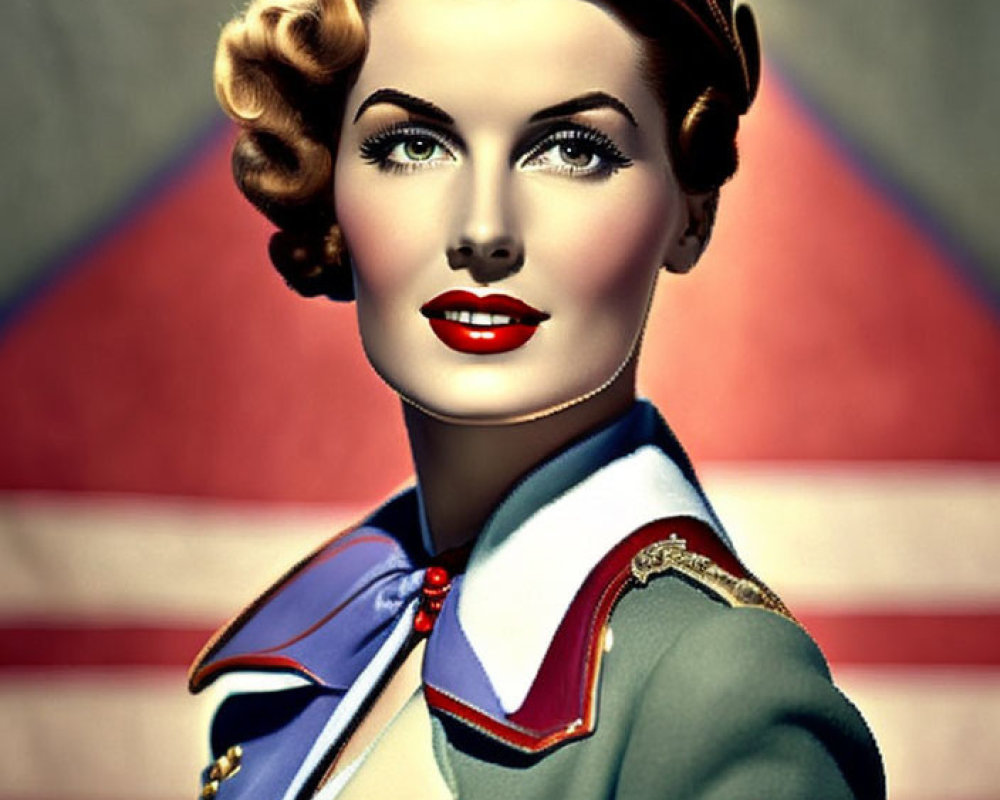 Stylized portrait of a woman in vintage military uniform with bold makeup