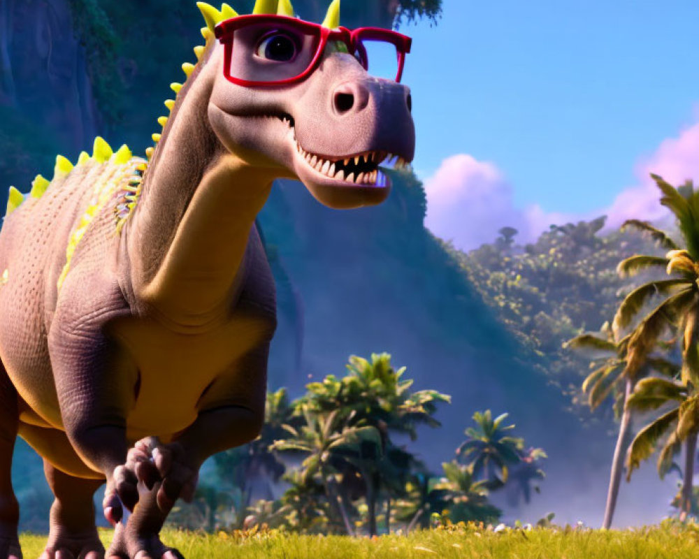 Colorful animated dinosaur with red glasses and star earring in vibrant landscape