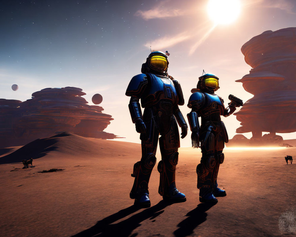 Two Astronauts in Blue and Orange Suits on Alien Planet with Rock Formations