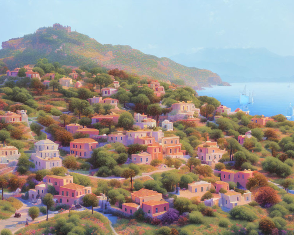 Pastel-colored coastal village with hilltop castle and serene sea waters