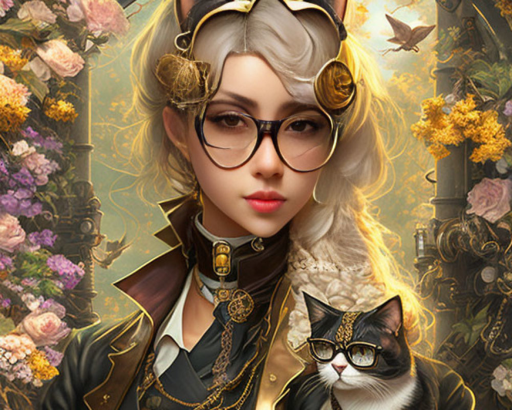 Steampunk-themed artwork featuring woman with cat ears and vintage glasses.