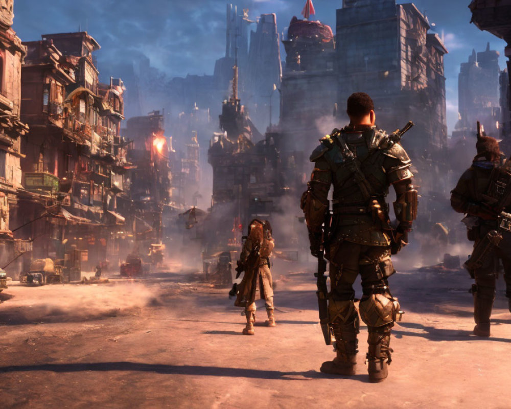 Three armored warriors in dystopian cityscape with towering buildings and fiery explosions.