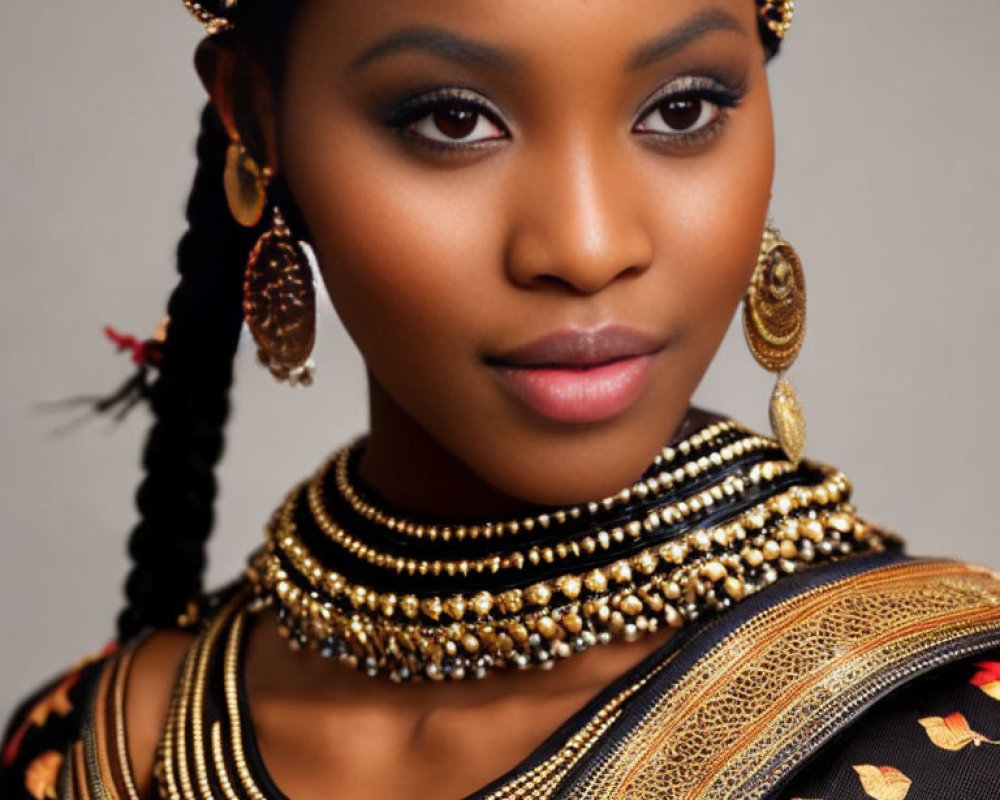 Intricately adorned woman with golden jewelry on neutral backdrop