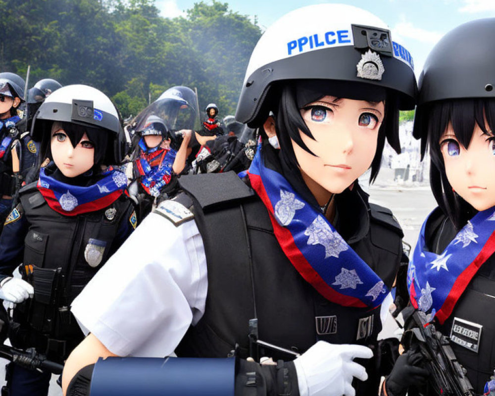 Anime-style characters in detailed police riot gear and protective vests standing ready