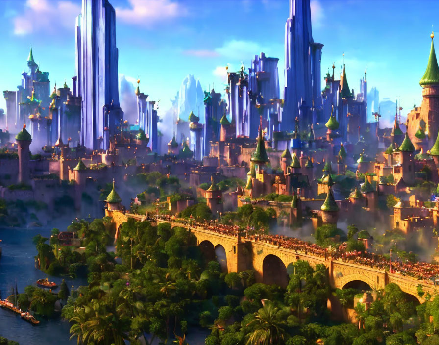 Fantasy cityscape with castles, spires, and bridge in warm glow