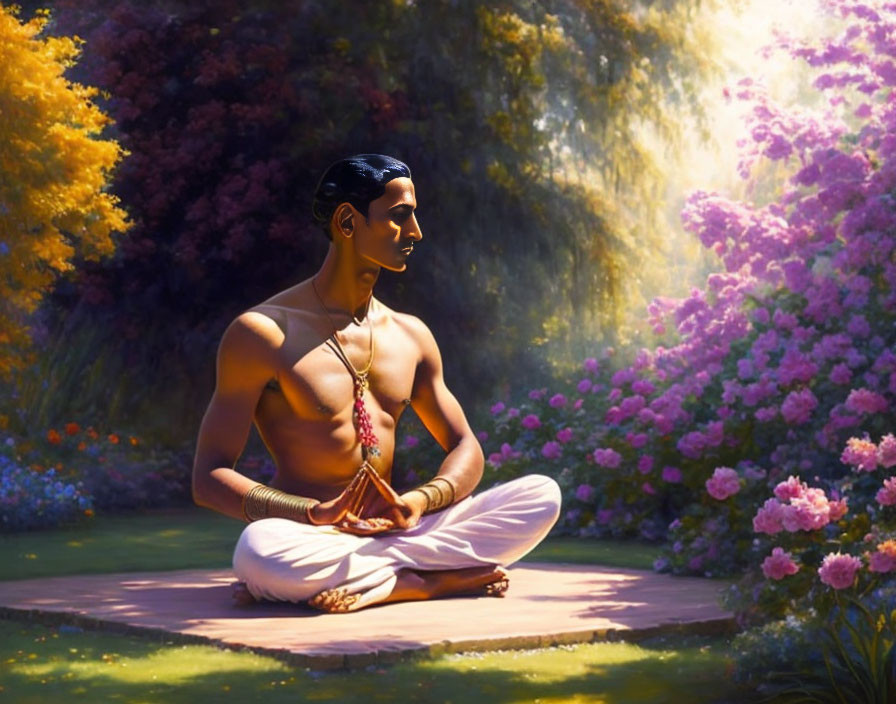 Man meditating in lush garden under soft sunlight