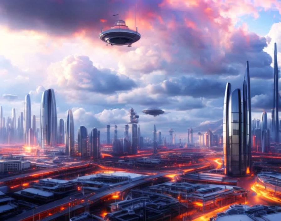 Futuristic cityscape with skyscrapers, glowing lights, and flying saucers