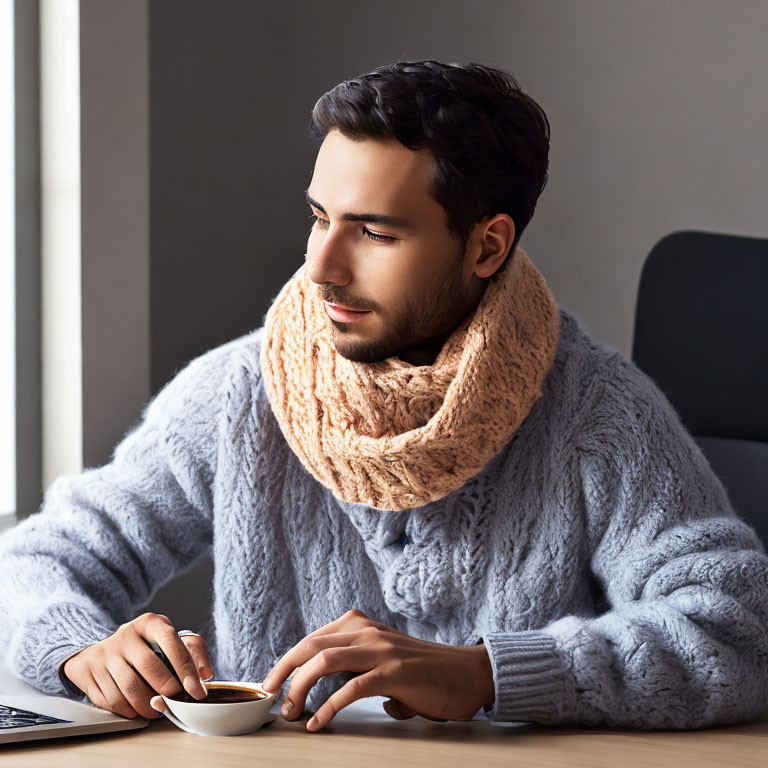 Man in Cozy Sweater and Scarf with Coffee in Well-Lit Room