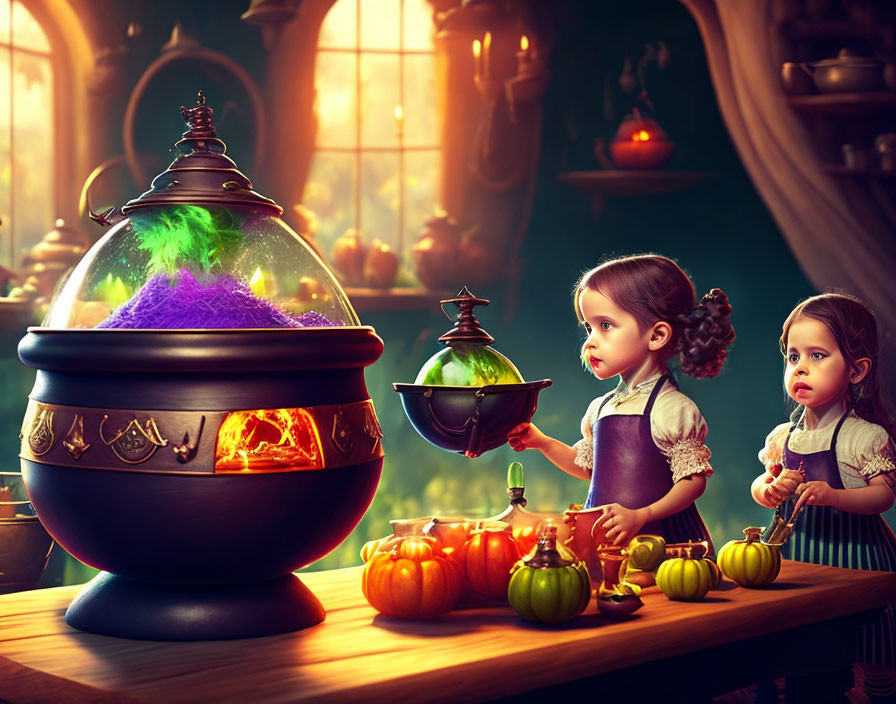 Young girls with braided hair and magical cauldron in enchanting kitchen.