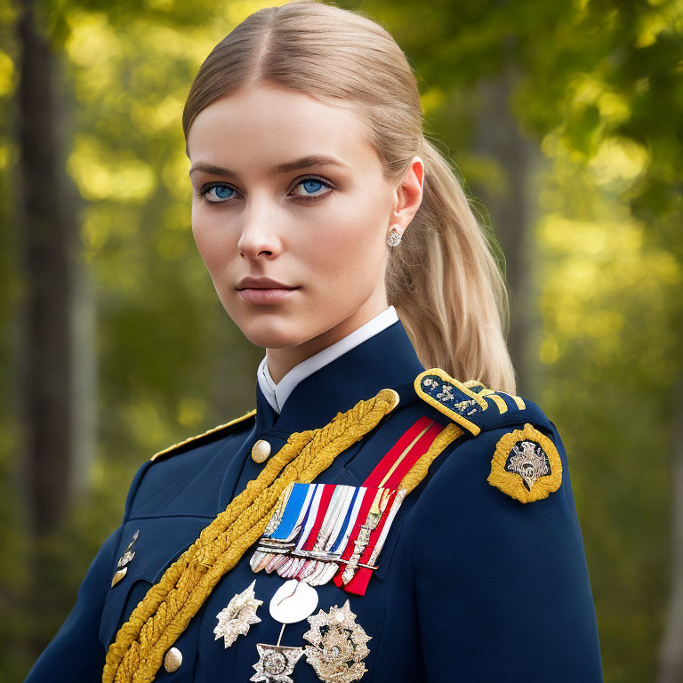 Woman in decorated military uniform with medals against forest backdrop