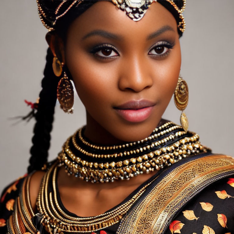 Intricately adorned woman with golden jewelry on neutral backdrop