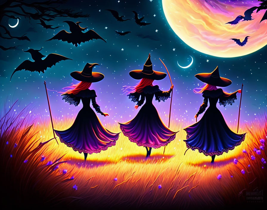 Silhouetted witches on brooms under vibrant night sky