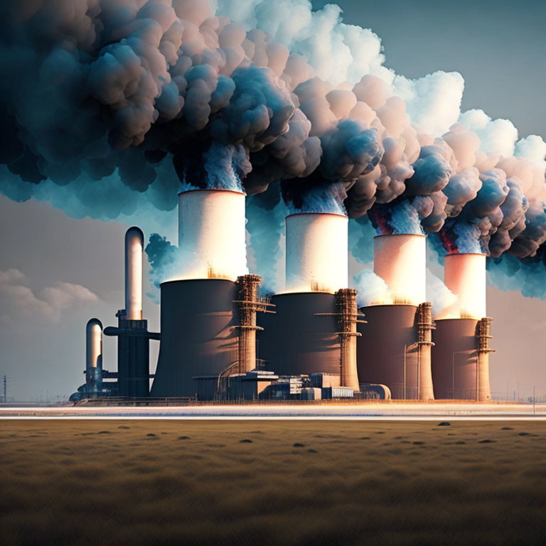 Industrial power plant emitting smoke from cooling towers against blue sky