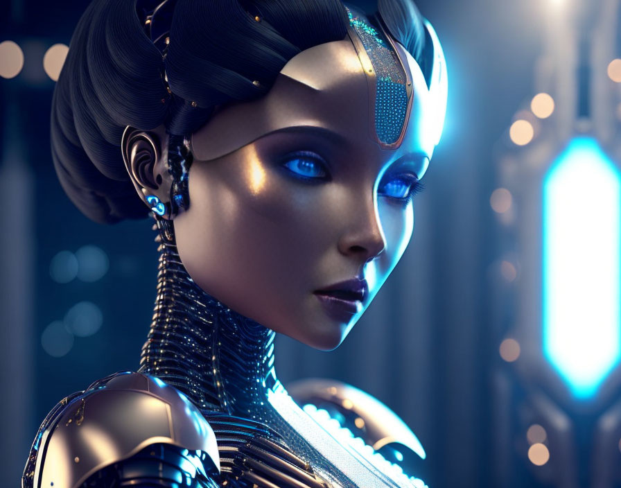 Futuristic female android with glowing blue eyes and metallic armor