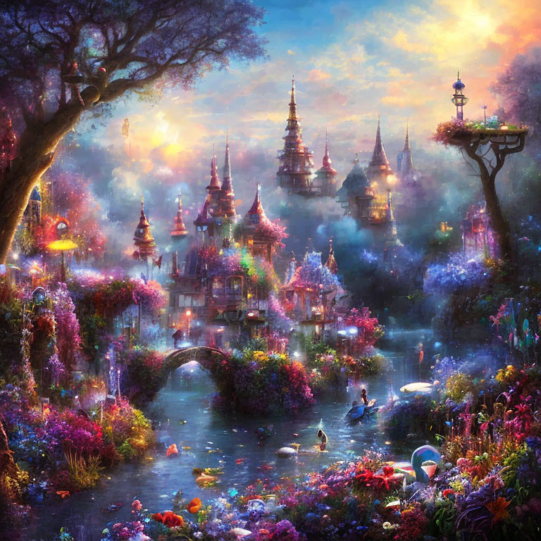 Colorful Fantastical Landscape with Ornate Buildings and Glowing Lights