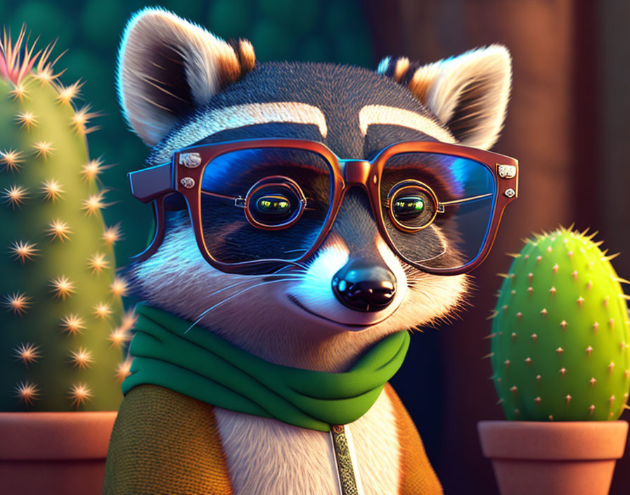 Stylized digital illustration of raccoon with glasses and green scarf in cactus setting