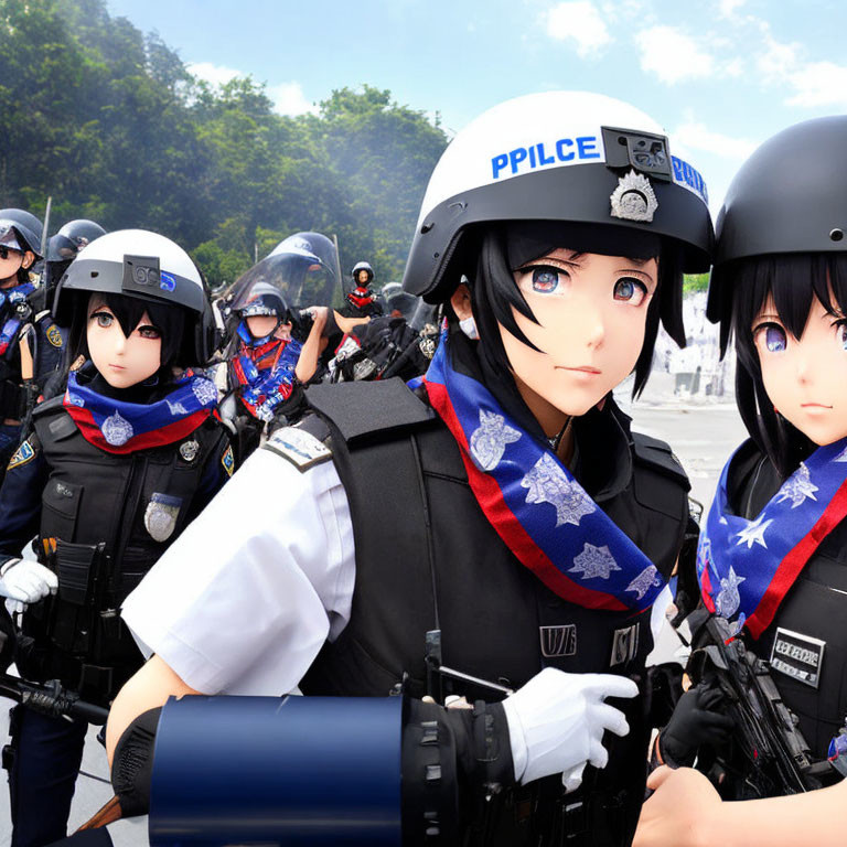 Anime-style characters in detailed police riot gear and protective vests standing ready