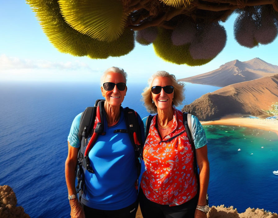 Elderly Tourists with Sunglasses and Backpacks Enjoy Coastal View