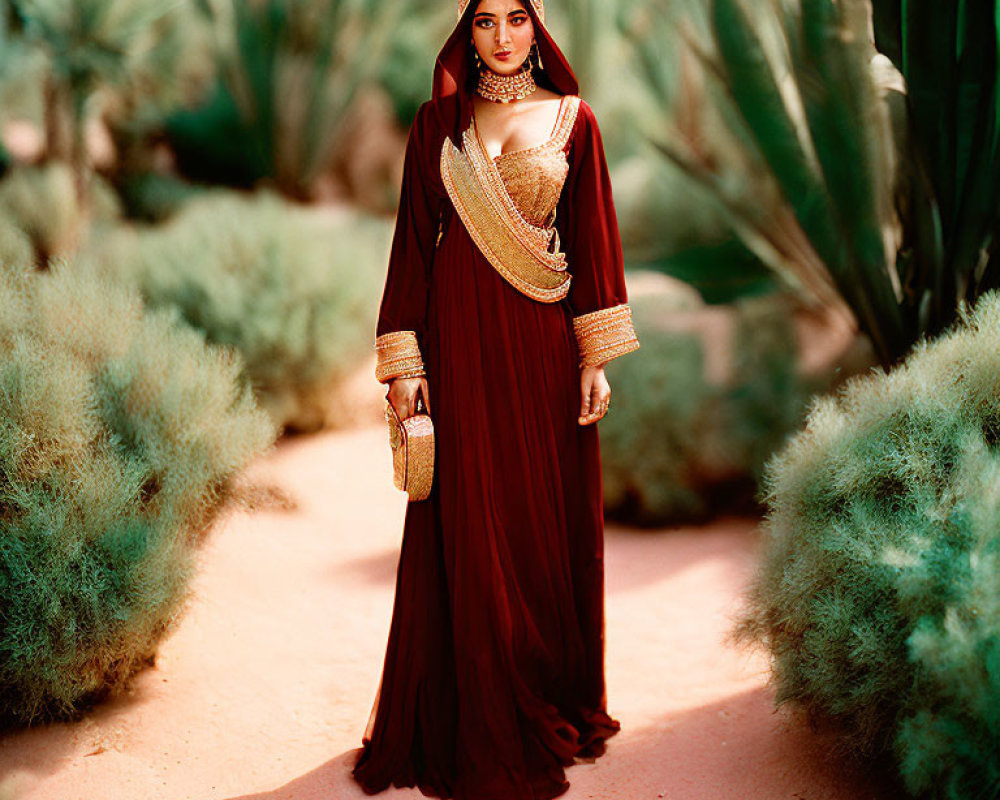 Traditional Red Dress Woman Standing Among Green Shrubs