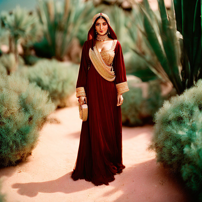 Traditional Red Dress Woman Standing Among Green Shrubs