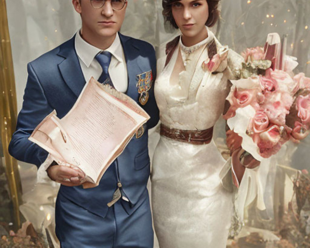 Formal wedding couple in blue suit and white dress surrounded by misty woods and candles