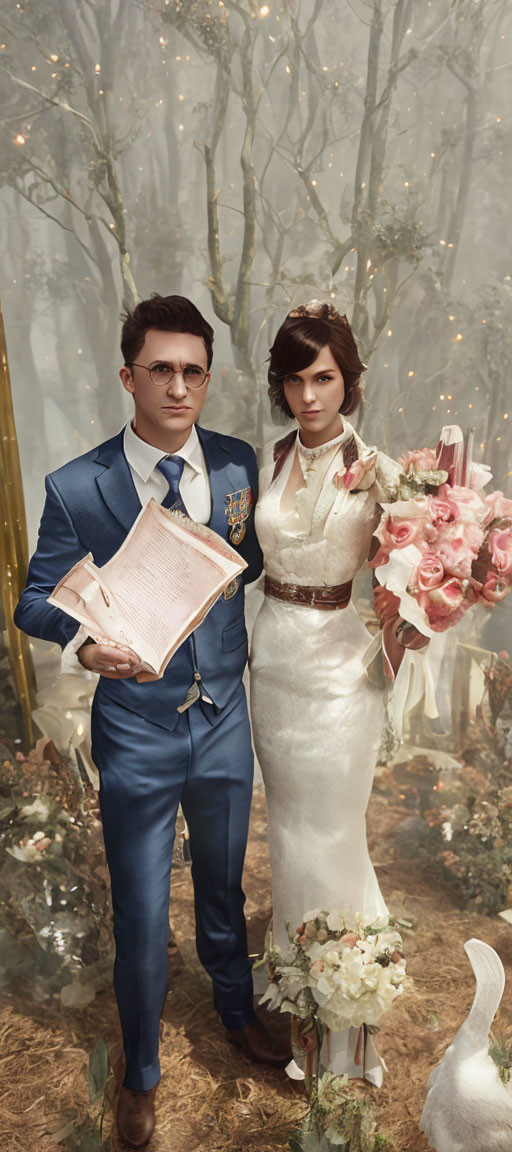 Formal wedding couple in blue suit and white dress surrounded by misty woods and candles