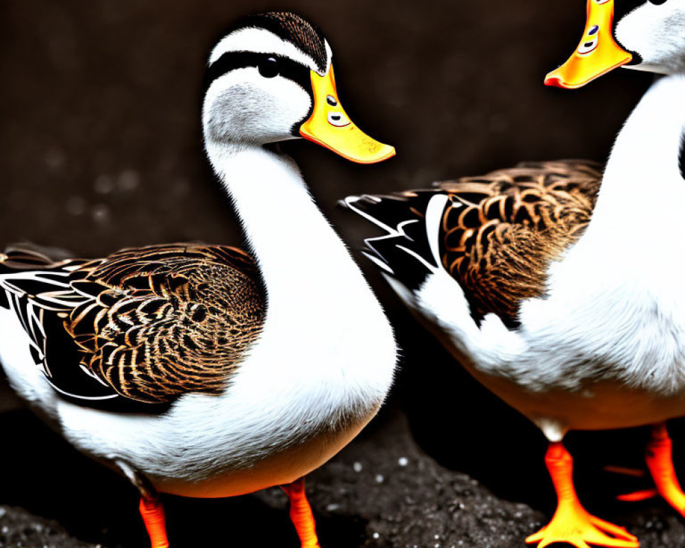 Distinctive Black and White Ducks with Orange Feet on Dark Background