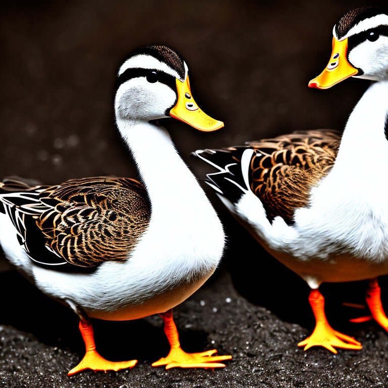 Distinctive Black and White Ducks with Orange Feet on Dark Background