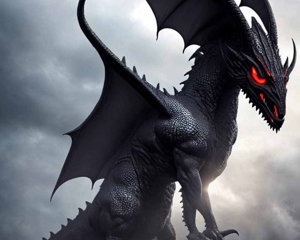 Black dragon with large wings and red eyes in stormy sky