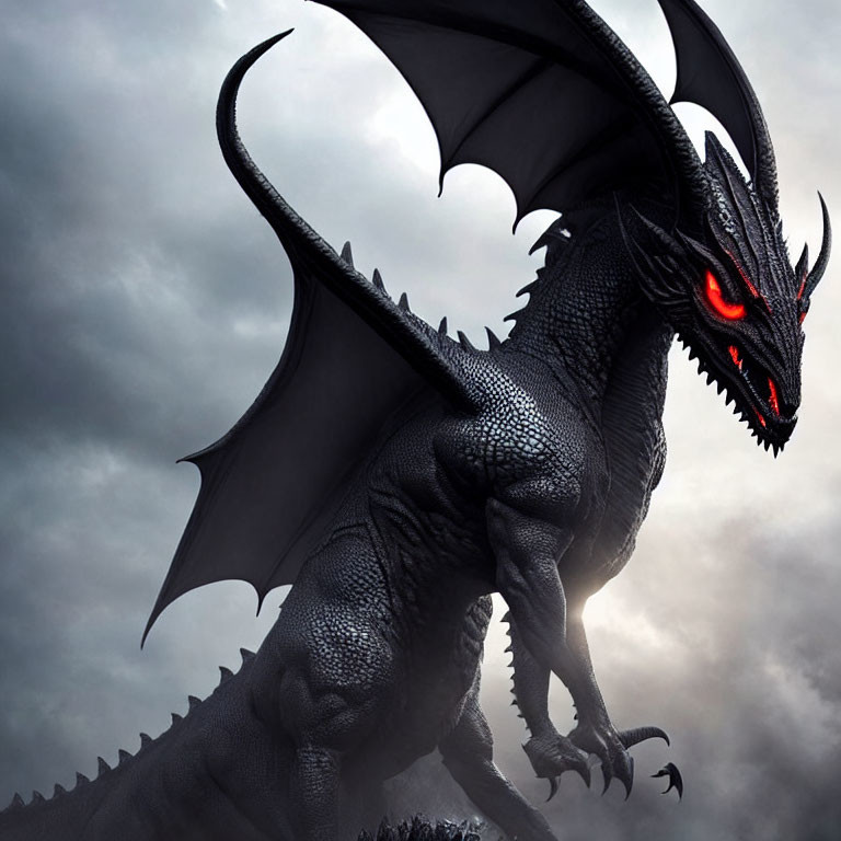 Black dragon with large wings and red eyes in stormy sky