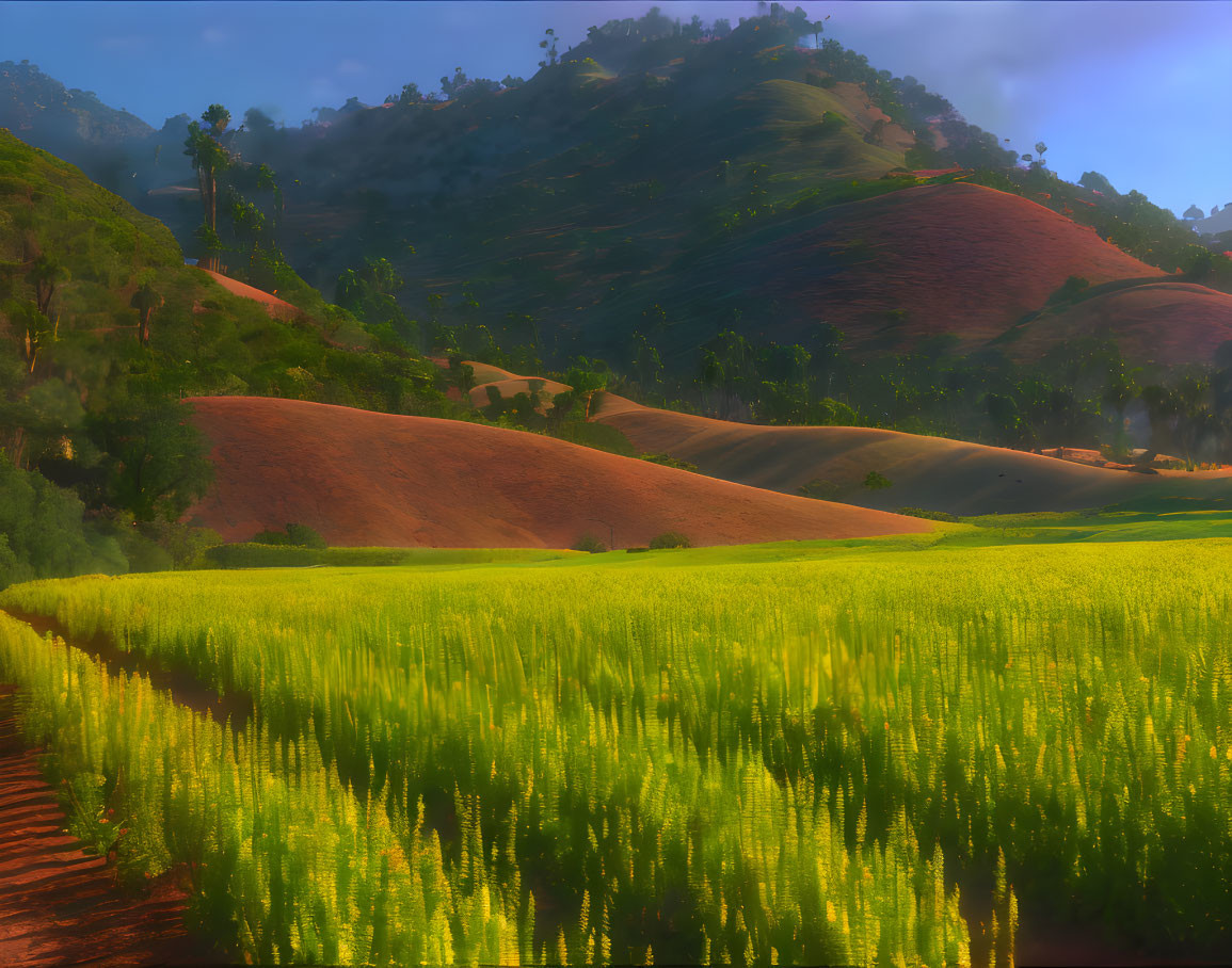 Scenic landscape with lush green fields and rolling hills under a hazy sky