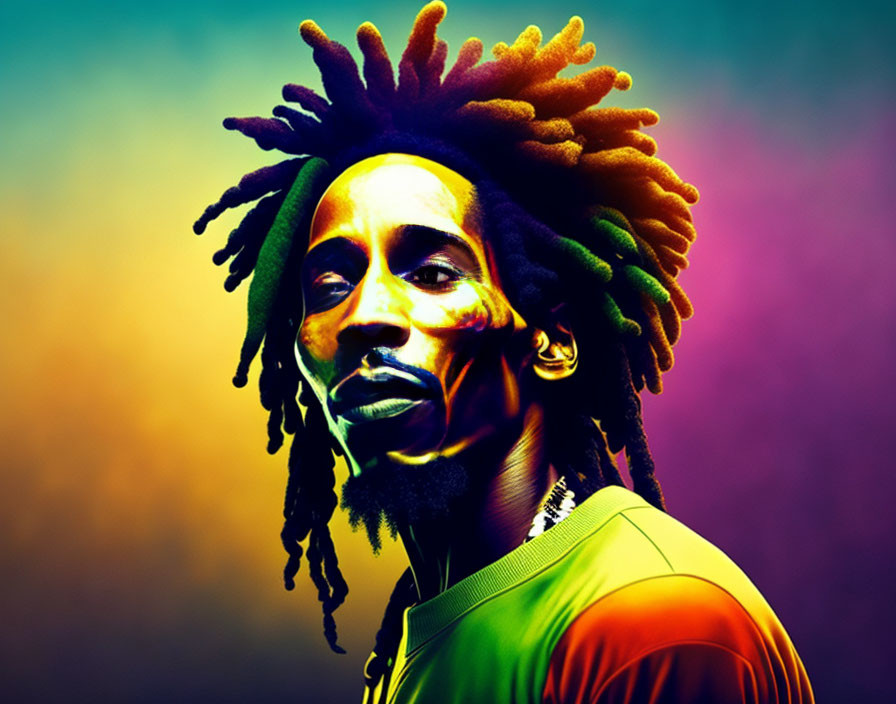 Colorful Digital Portrait of Man with Dreadlocks on Vibrant Gradient Background