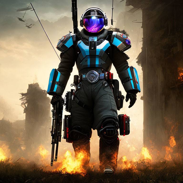 Futuristic astronaut in purple visor among flames and ruins with jetpack and advanced gear