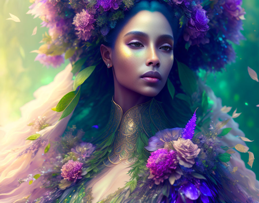 Vibrant floral headdress on woman in mystical digital art