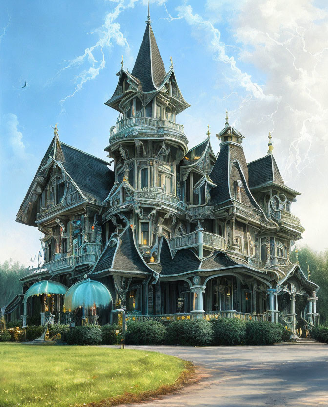 Victorian-style house with woodwork, turrets, and porch under stormy sky