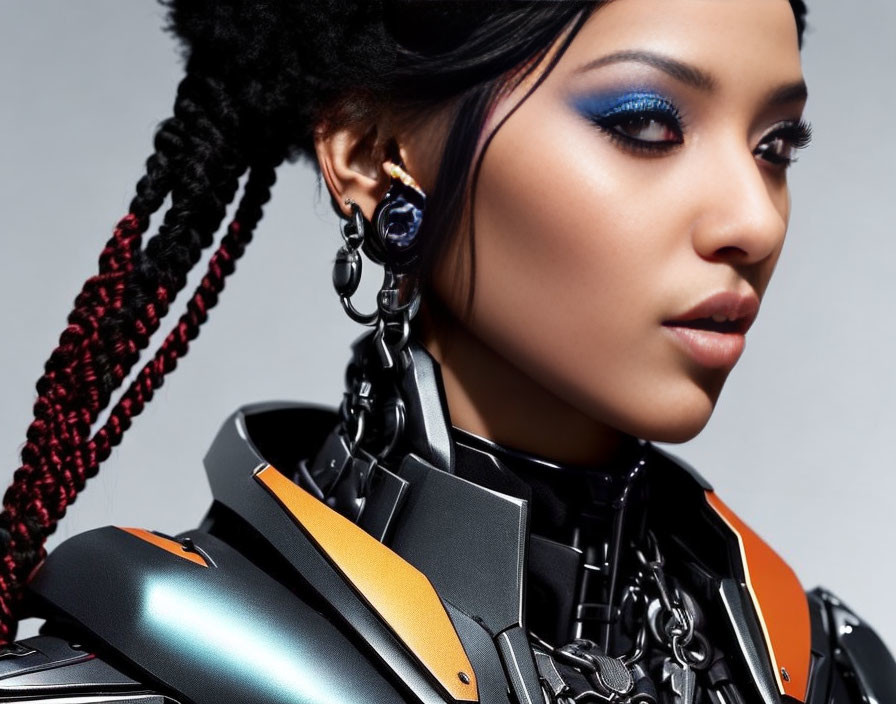 Woman with Blue Eyeshadow and Braided Hair in Futuristic Armor