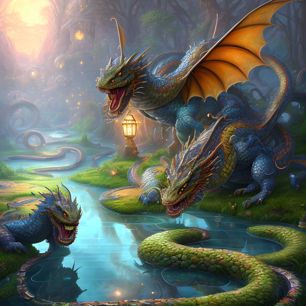 Majestic dragons in vibrant fantasy forest scene