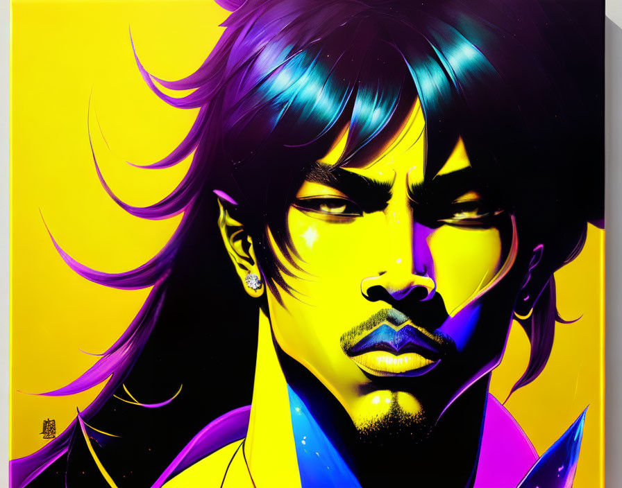 Colorful portrait of man with blue and purple hair and goatee on yellow backdrop