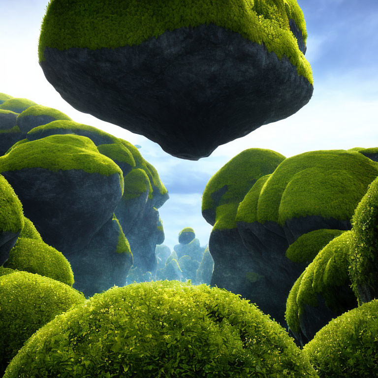 Moss-Covered Floating Rocks Under Blue Sky with Mysterious Figure